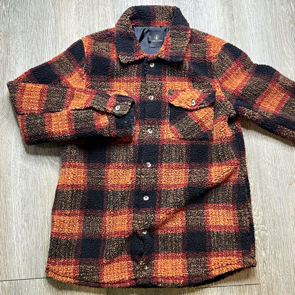 Volcom True To This Plaid Sherpa Lined Button Front Shacket Mens S Brown/Black